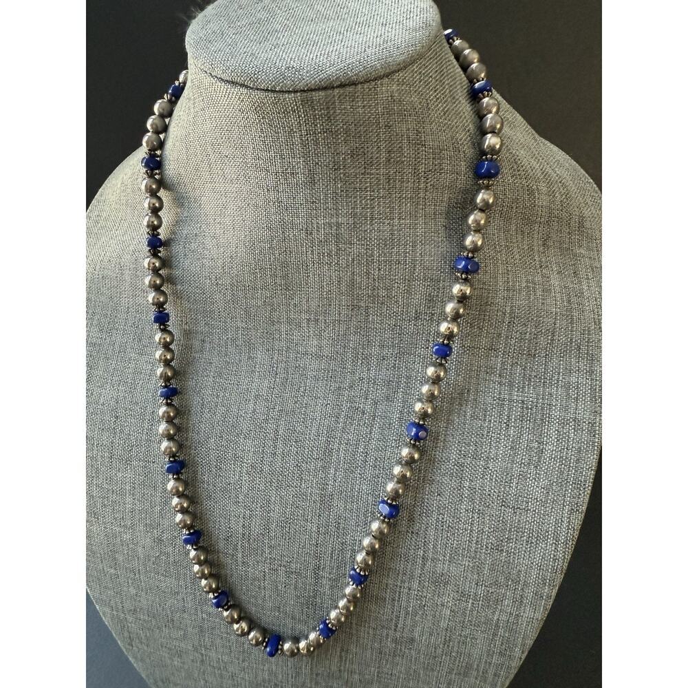 Vintage Silver Tone Ball Blue Glass Bead Necklace Beaded Long Boho Stackable 28”